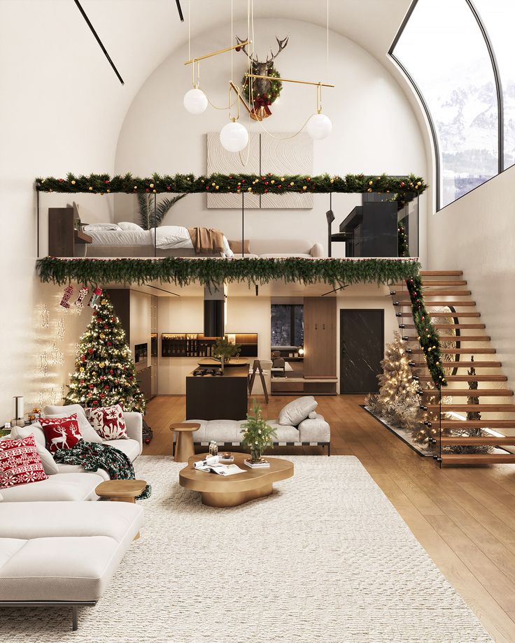 a living room filled with furniture and christmas decorations