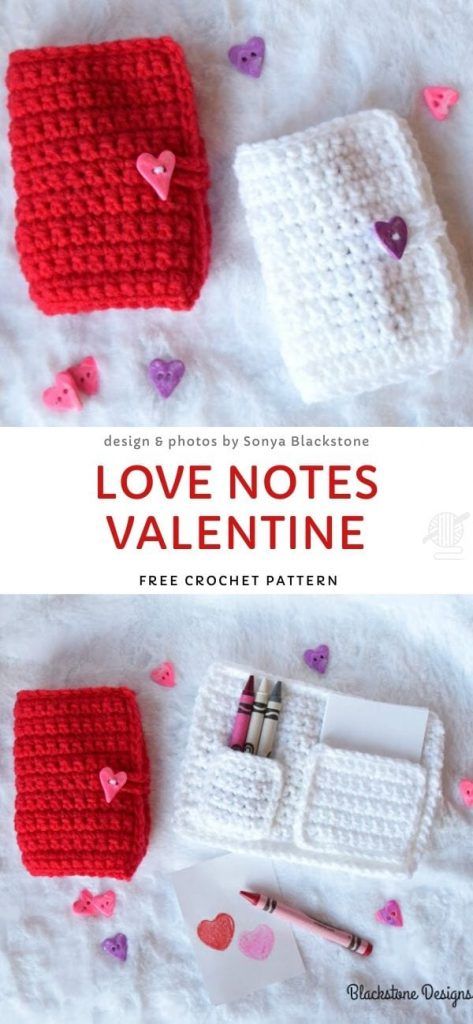 two crocheted bags with hearts on them and the text love notes valentine free crochet pattern