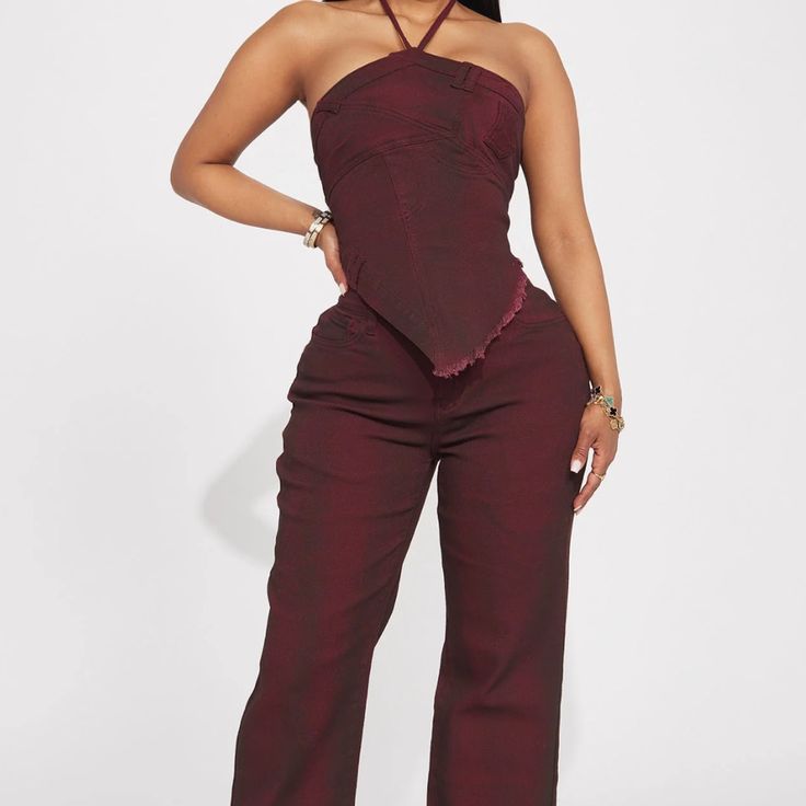 Next Level Washed Denim Set Burgundy New With Tags Boujee Outfits Classy, Wine Outfit, Cute Professional Outfits, Denim Set, Kardashian Outfit, Professional Outfits Women, Fashion Nova Outfits, Effortlessly Chic Outfits, Wide Leg Pant