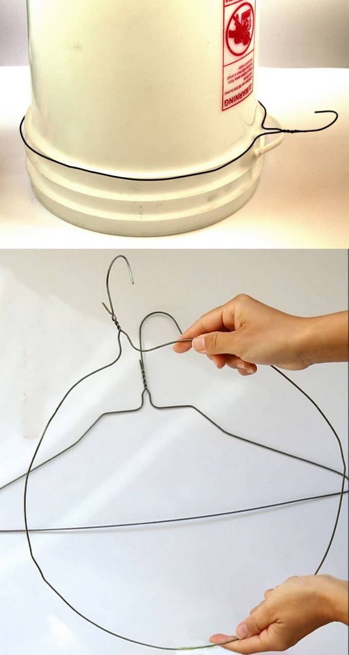 two pictures showing how to make a wire hanger for a dress or jacket, and the same one being used on a mannequin's head