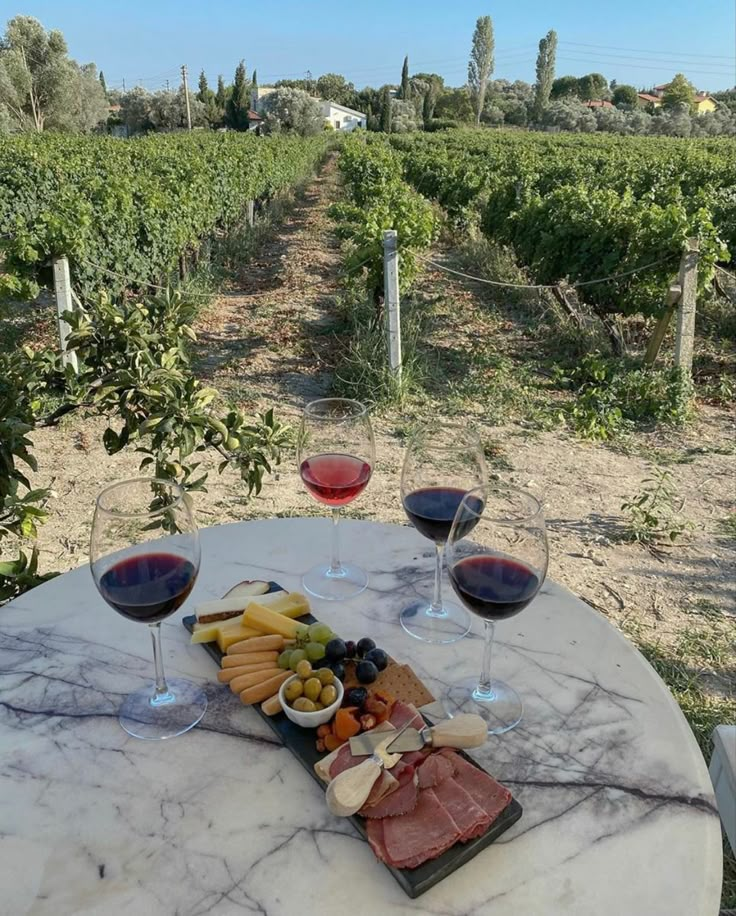 two glasses of wine are sitting on a table with cheese, meats and fruit