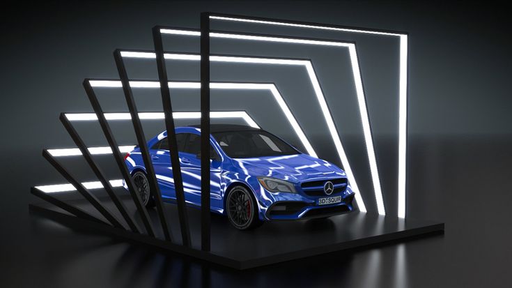 a blue car is shown in front of a black background with white lines on it