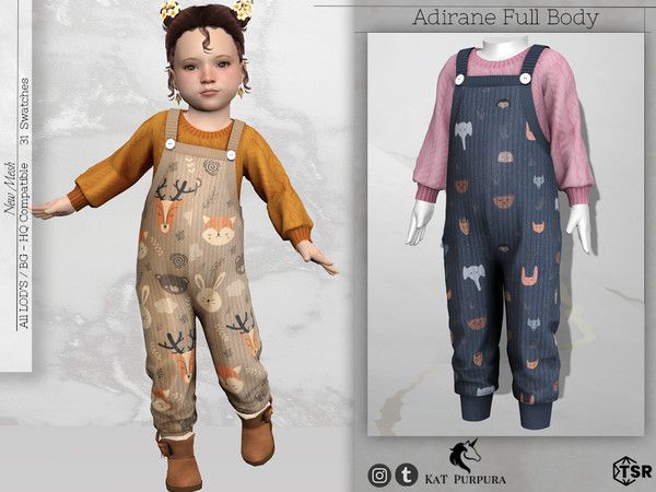 the doll is wearing overalls with deer designs on them