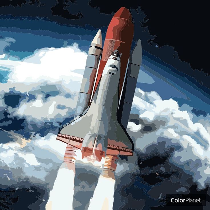 a painting of a space shuttle taking off into the sky with clouds in the background