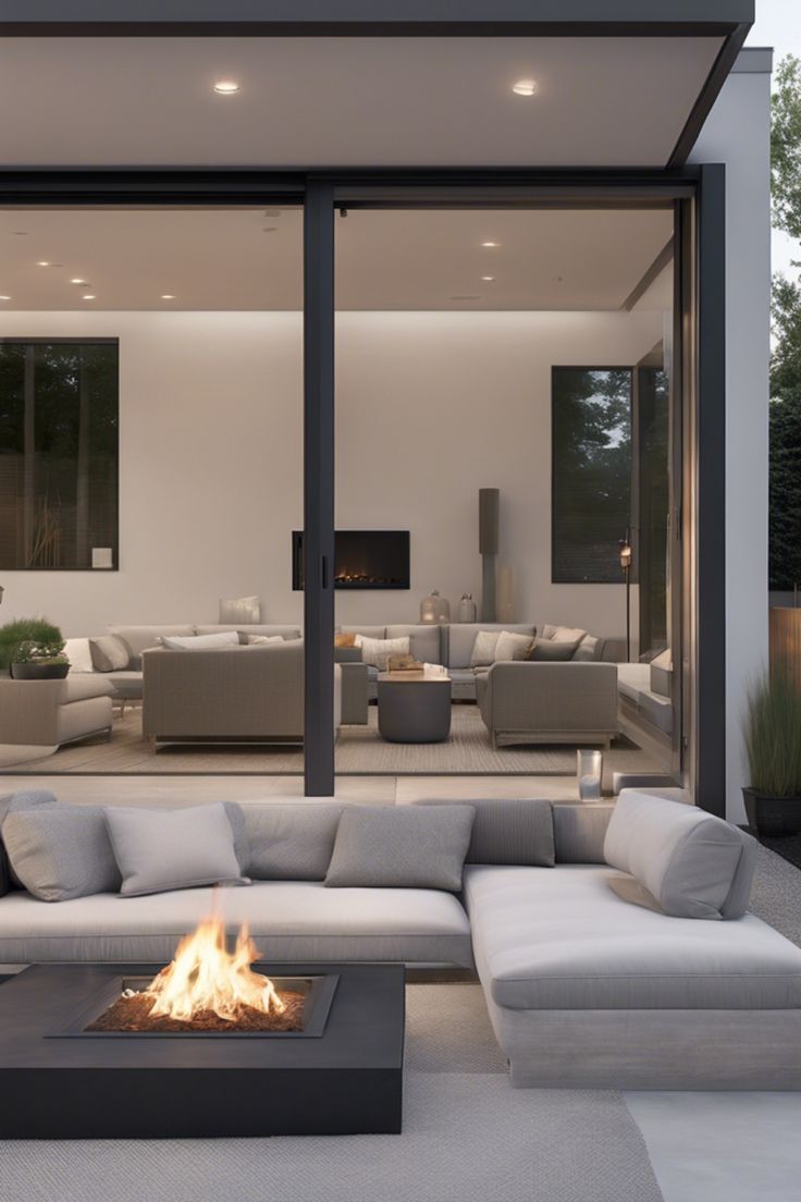 Modern outdoor patio with a fire pit and large glass doors leading into a spacious, elegantly furnished living room. Diy Patio Extension, Patio Extensions, Patio Extension Ideas, Patio Extension, Curved Patio, Simple Diy Projects, Multi Level Deck, Folding Glass Doors, Floating Deck