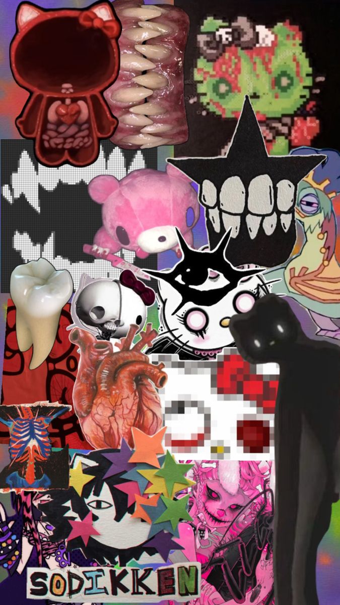 an abstract collage with many different items in the middle and one person standing next to it