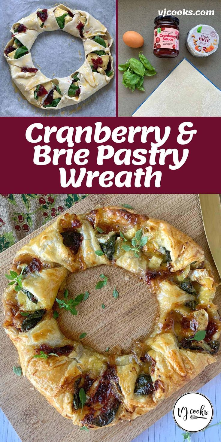 cranberry and brie pastry wreath on a cutting board with the words cranberry and brie pastry wreath