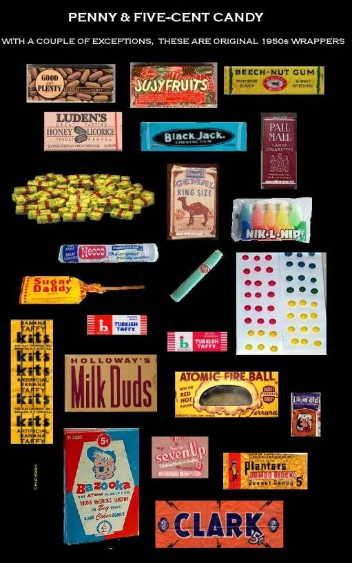 many different types of candy are arranged on a black background