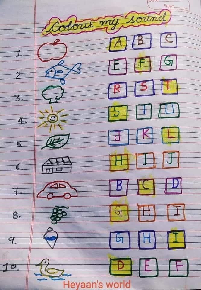 a child's hand drawn activity sheet with letters and numbers