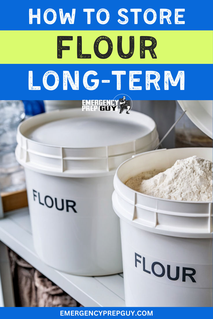 White storage buckets labeled 'Flour' in a pantry setting, emphasizing bulk storing flour, how to store flour, and long-term flour storage techniques for emergency preparedness. Long Term Storage Of Flour, Long Term Flour Storage, Long Term Pantry Storage, How To Store Pasta Long Term, Foods For Long Term Storage, Long Term Rice Storage, Long Term Food Storage Organization, Bulk Flour Storage Ideas, Bulk Flour Storage