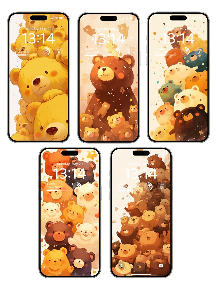 four cell phones with different images of teddy bears on the front, back and sides