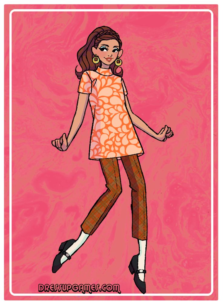 a drawing of a woman in an orange dress and brown pants with her hands out