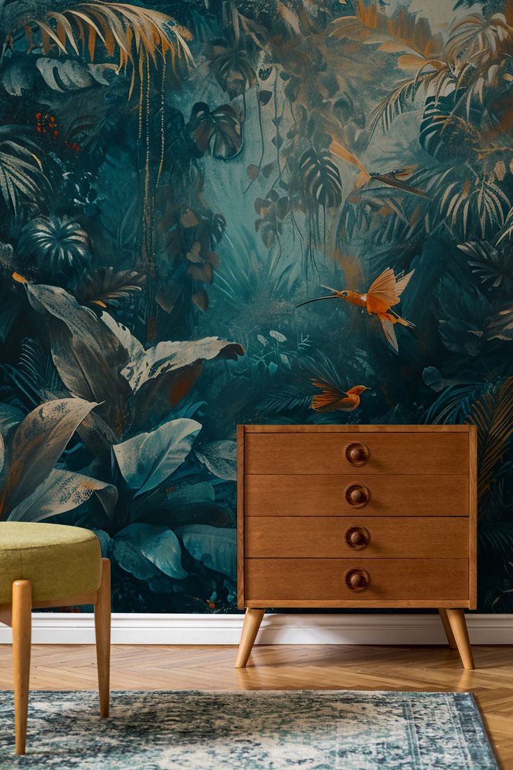 Jungalow Wallpaper, Kingfisher Wallpaper, Dark Jungle Wallpaper, Bird Of Paradise Wallpaper, Pub Interior Ideas, Cottage Walls, Bird Wallpaper Bedroom, Dark Botanical Wallpaper, Wallpaper With Flowers