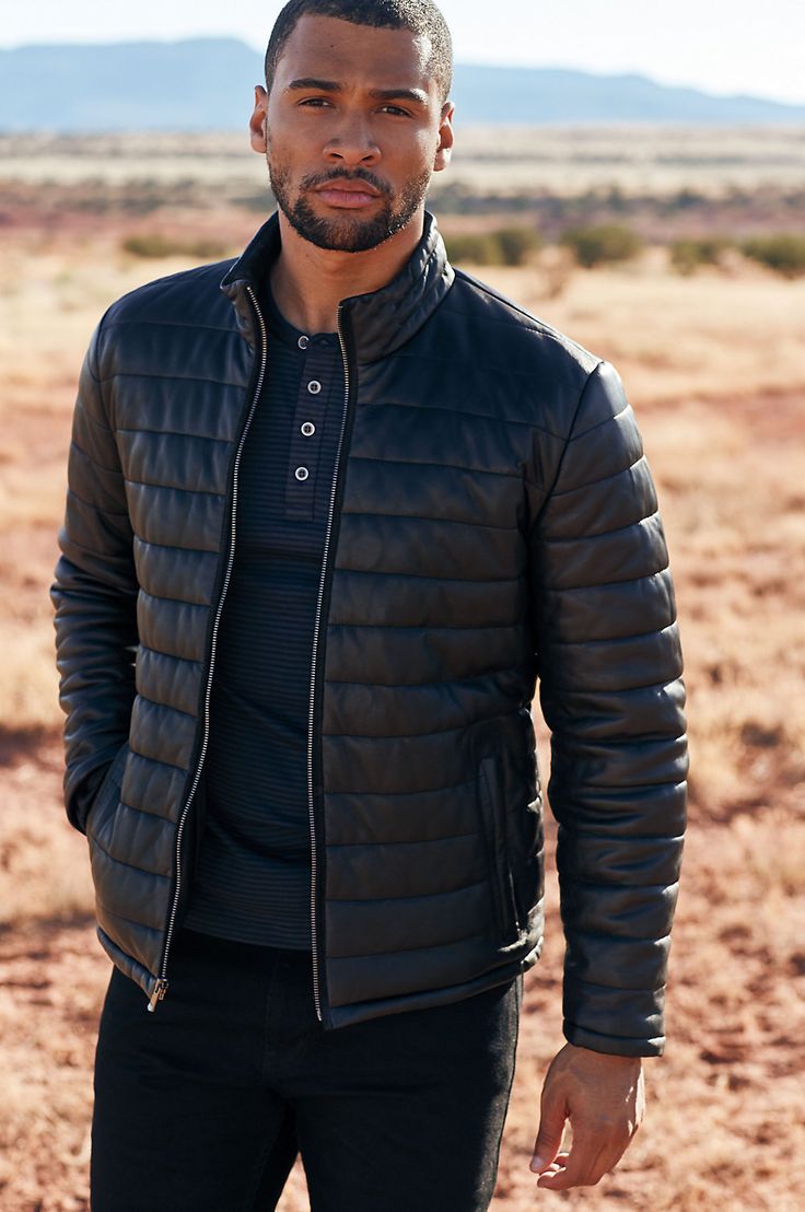 Gear up for a stylish season in the Gavin puffer jacket, made from lightweight Italian lambskin. This sporty zip-front leather puffer boasts biker style with none of the heavy-duty accoutrements, making it equally comfortable for everyday wear and casual evenings out. Two inner and two outer pockets complete this fully lined mock-neck design. Casual Leather Puffer Jacket For Cold Weather, Casual Spring Puffer Leather Jacket, Spring Casual Puffer Leather Jacket, Fitted Leather Quilted Jacket, Casual Leather Jacket For Outdoor, Leather Puffer Jacket With Zipper For Fall, Fall Leather Puffer Jacket With Zipper, Quilted Leather Puffer Jacket For Cold Weather, Fitted Quilted Leather Jacket In Casual Style