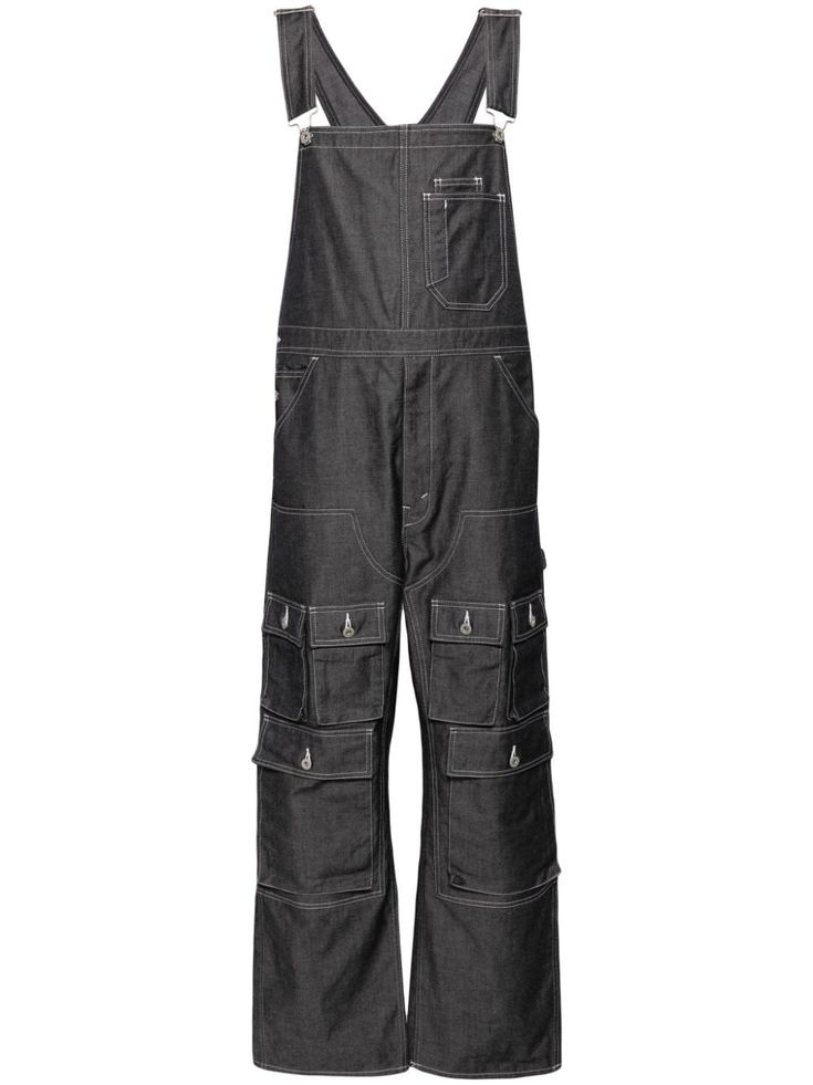 navy blue denim contrast stitching square neck buckle-embellished shoulder straps sleeveless two chest patch pockets classic five pockets multiple cargo pockets straight leg straight hem Utility Jeans With Contrast Stitching, Dark Wash Utility Denim Jumpsuit, Utility Style Dark Wash Denim Jumpsuit, Utility Overalls With Patch Pockets, Utility Overalls With Patch Pockets And Bib Front, Dark Wash Utility Denim Jumpsuit With Bib Front, Utility Style Dark Wash Denim Jumpsuit With Bib Front, Utility Dark Wash Denim Jumpsuit With Pockets, Utility Denim Jumpsuit With Patch Pockets