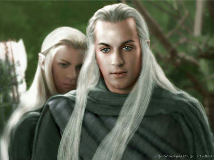 two people standing next to each other with long white hair and blue eyes in front of trees