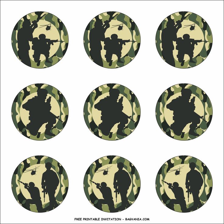 six camouflage buttons with the silhouettes of soldiers on them