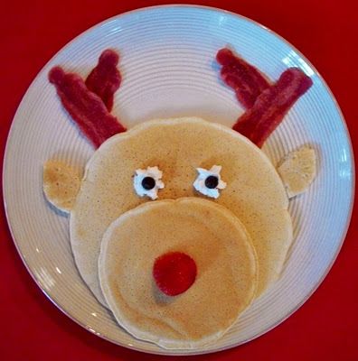 four different pictures with pancakes, strawberries, bacon and other foods in the shape of reindeers