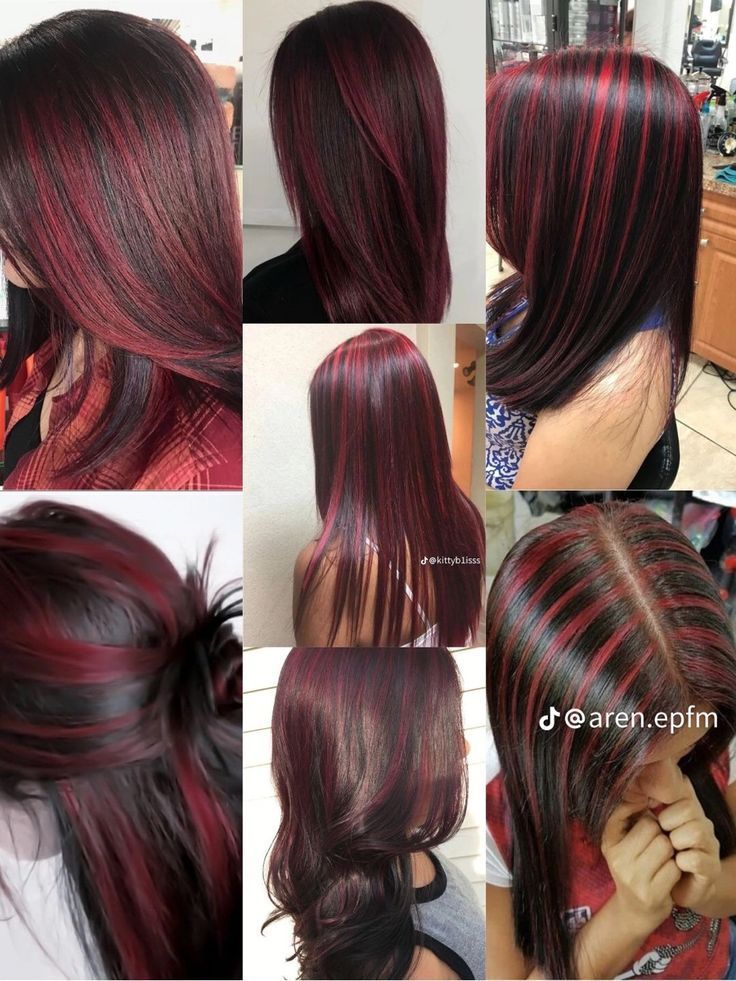 #coiffuregaladedanse    #coiffuresdefestival     #cheveux3b                #coiffuremariageinvitee    #coiffuredanse Black W Red Highlights, Colours To Dye Dark Brown Hair, Red Skunk Hair Brown, Chunk Red Highlights, Chunky Highlights Burgundy, Red N Brown Hair, 90s Skunk Hair, How To Do Red Highlights At Home, Hairdye Ideas Long Hair