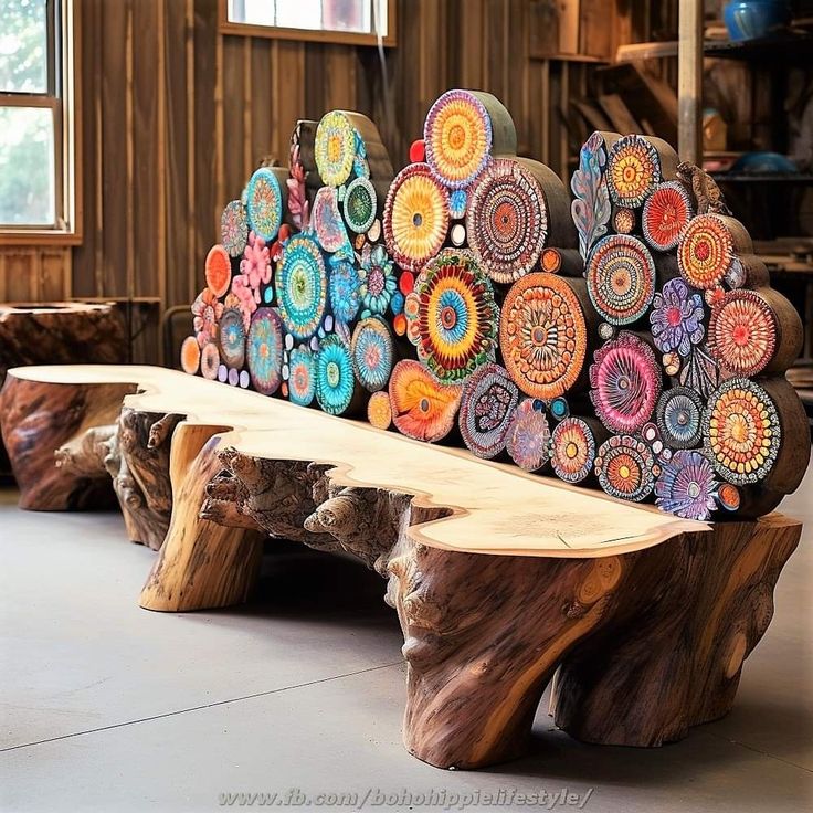 a bench made out of wood with colorful designs on it