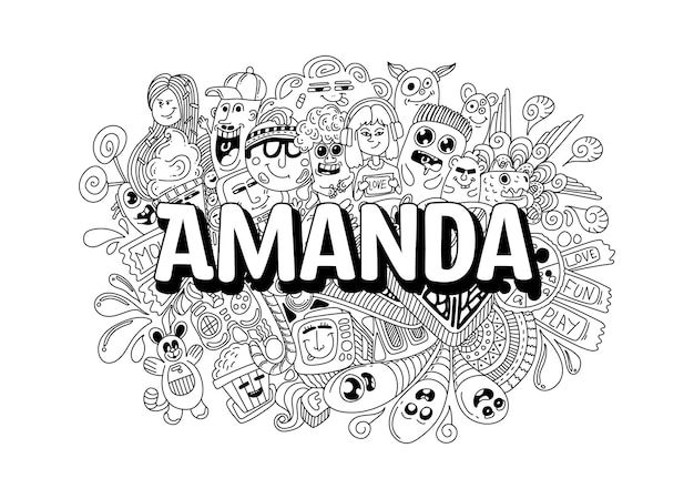 the word amada surrounded by doodles and cartoon faces in black and white on a white background