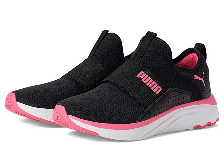 PUMA Softride Sophia Slip-On (Big Kid) - Shoes : Puma Black/Sunset Pink/Puma White : Designed for comfort and style, the PUMA Softride Sophia Slip-O sneakers are perfect for running and walking. Textile upper and lining. Cushioned footbed. Softride technology for cushioning and comfort. SoftFoam sockliner for optimal comfort. Low fit design with slip-on style. Pull tab on the back for easy on and off. Signature brand lettering on the upper. Iconic logo on the side. Round toe with bumper. Zoned r Breathable Functional Slip-on Sneakers For Errands, Pink Cushioned Slip-on Sneakers, Sporty Pink Breathable Slip-on Sneakers, Sporty Pink Slip-on Sneakers For Running, Pink Sporty Slip-on Sneakers For Jogging, Sporty Slip-on Running Shoes For Sports, Slip-on Sporty Running Shoes For Sports, Sporty Slip-on Sneakers With Arch Support, Comfortable Training Sneakers With Arch Support