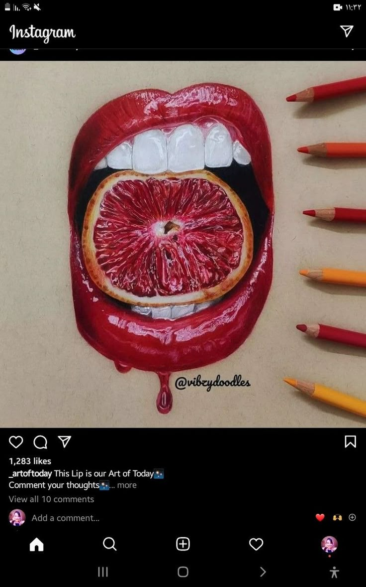 a drawing of a grapefruit in the mouth with pencils next to it