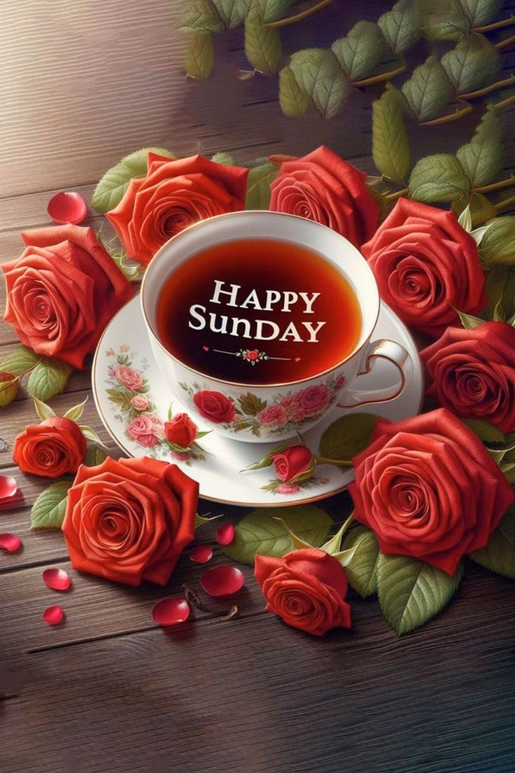 a cup of tea with red roses around it and the words happy sunday on top