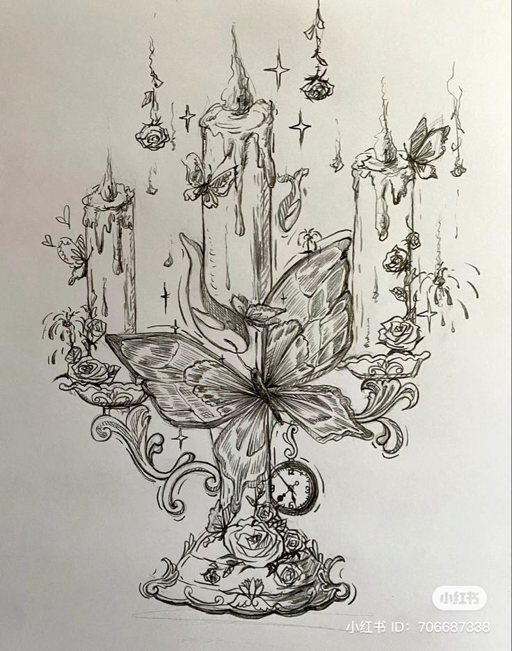 a drawing of a lit candle with butterflies and flowers on the candlesticks in front of it