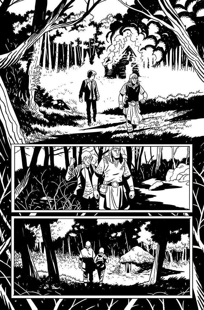 a black and white comic strip with two people in the woods, one man is walking