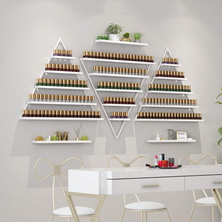 a white table topped with two chairs next to a shelf filled with bottles and plants