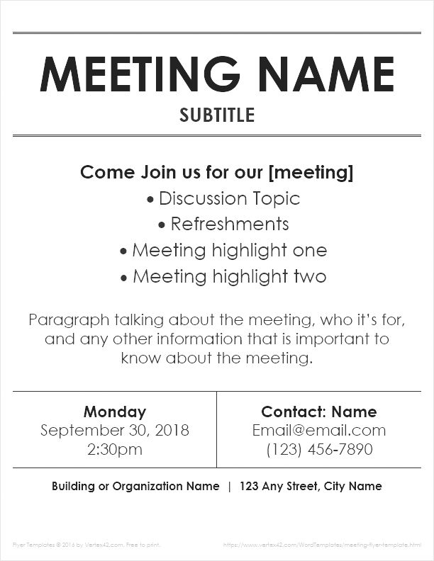 a flyer for a meeting with the words,'meeting name subtile '