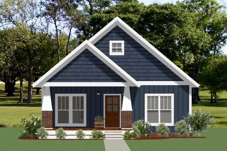 this is a computer rendering of a small blue house with white trim and two windows