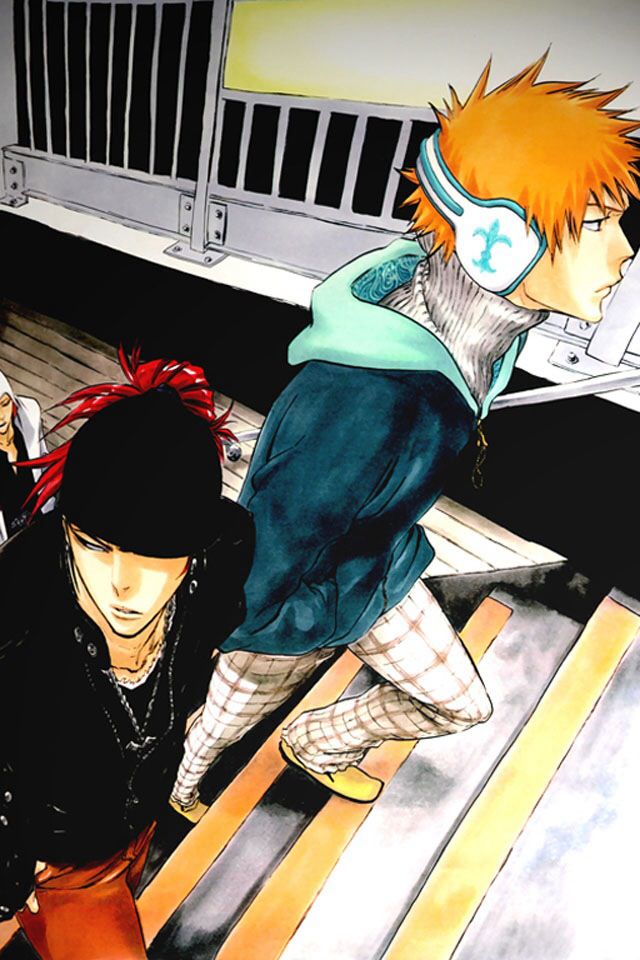 two anime characters are walking down the stairs in front of some people with headphones on