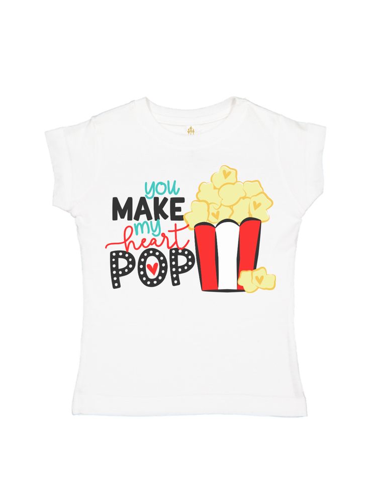 You Make My Heart Pop Girls Valentine's Day Shirt Pop Culture Birthday Tops With Letter Print, Pop Culture Letter Print Tops For Birthday, Pop Culture Letter Print Birthday Tops, Playful Slogan Short Sleeve Tops, Playful Short Sleeve Tops With Slogan, Playful Slogan Top With Short Sleeves, White Pop Culture Slogan Top, Playful Short Sleeve Top For Valentine's Day, Playful Crew Neck Top For Valentine's Day