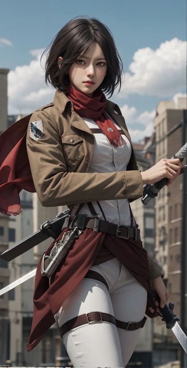 a woman in white pants and brown jacket holding two swords with buildings in the background