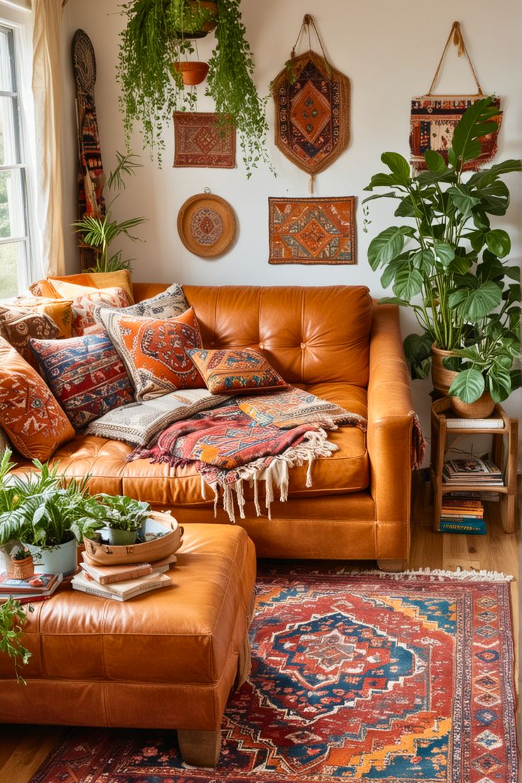 a living room filled with lots of furniture and plants on top of the couches