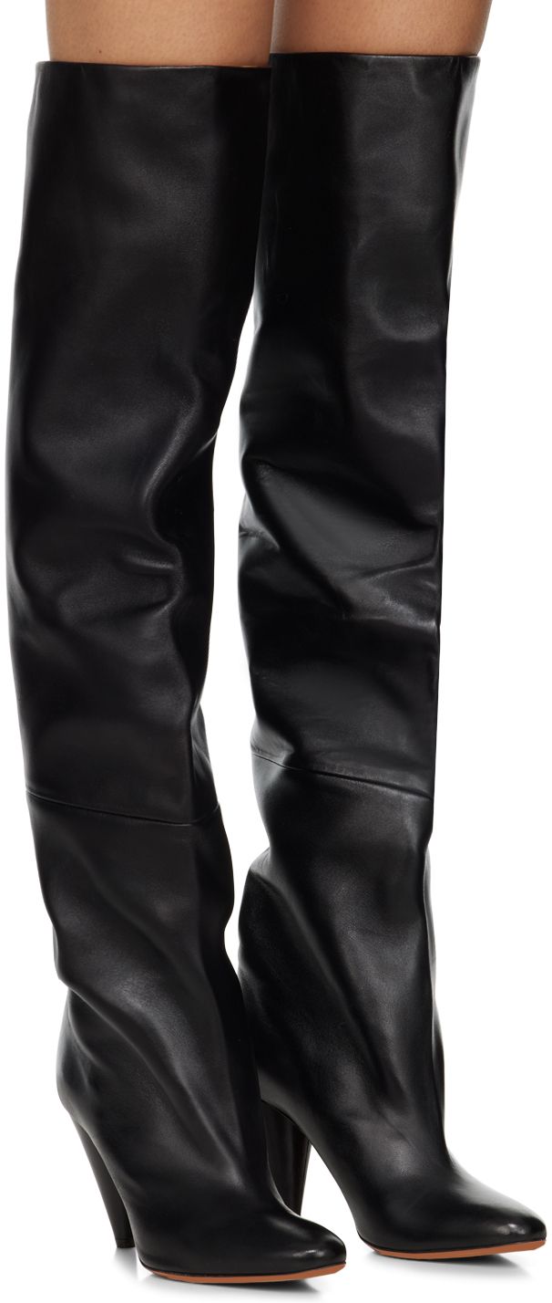 Thigh-high buffed lambskin boots in black. · Covered heel · Logo hardware at calfskin sole · Heel: H4.75 Supplier color: Black Proenza Schouler, Thigh High, Over The Knee Boots, Thigh Highs, Over The Knee, Knee Boots, The Knee, Calf Skin, Boots