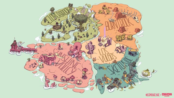 an illustrated map with many different things on it