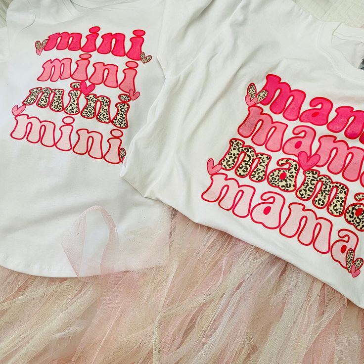 Mommy and me matching shirts. Leopard print and various shades of pink! Comes on white cotton shirts. Made upon order. Pink Fun Top With Text Print, Pink Summer Tops With Name Print, Family Matching Pink T-shirt With Letter Print, Pink Family Matching T-shirt With Letter Print, Cute Pink Shirt With Text Print, Pink Cotton Family Matching T-shirt, Pink Shirt With Text Print For Spring, Spring Pink Shirt With Text Print, Pink T-shirt With Name Print For Summer