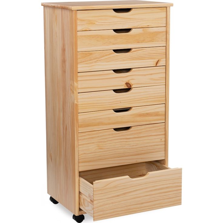 a wooden drawer with four drawers on wheels