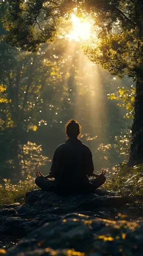 a person meditating in the middle of a forest with sunlight streaming through trees and leaves