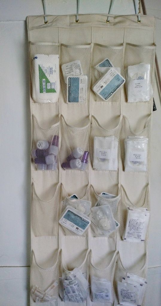 an over the door hanging organizer with lots of items in it's pouches