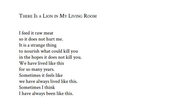 there is a poem written in black and white with the words,'there is a lion in my living room '