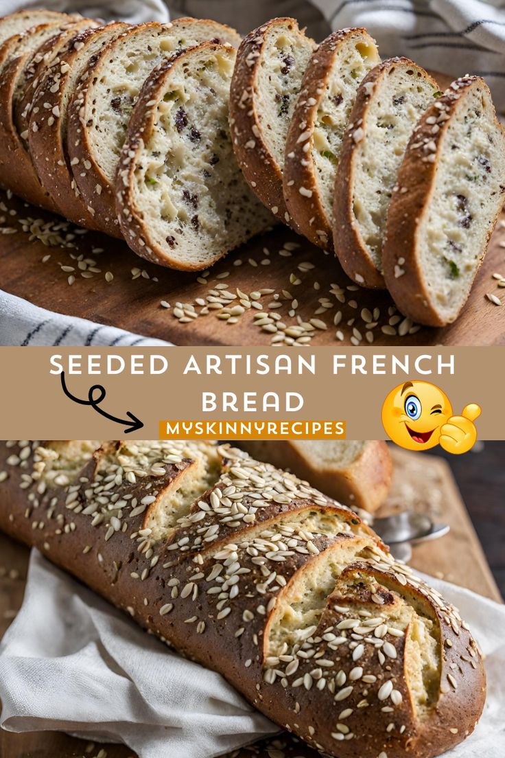 sliced artisan french bread on a cutting board with sesame seeds in the foreground