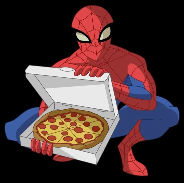 a spider man holding a pizza in his hands