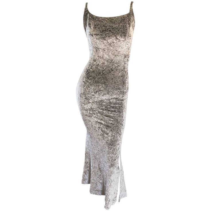 Sexy 90s JANINE OF LONDON for LILLIE RUBIN silver gray crushed velvet metallic bodycon dress! Features the softest crushed velvet that stretches to fit. Has what first appears to be silver sequins or beads is actually metallic in the fabric. Hidden zipper up the side with hook-and-eye closure. Fitted bodice with a flattering fitted torso, and a slight mermaid hem. Slit at each side of the hips reveals just the right amount of attention, and is amazing on the dance floor! Such a flattering dress Petite Cocktail Dresses, Gray Cocktail Dress, Crushed Velvet Dress, Girls Couture, Beaded Cocktail Dress, Sequin Cocktail Dress, Grey Dress, Flattering Dresses, Dolce E Gabbana