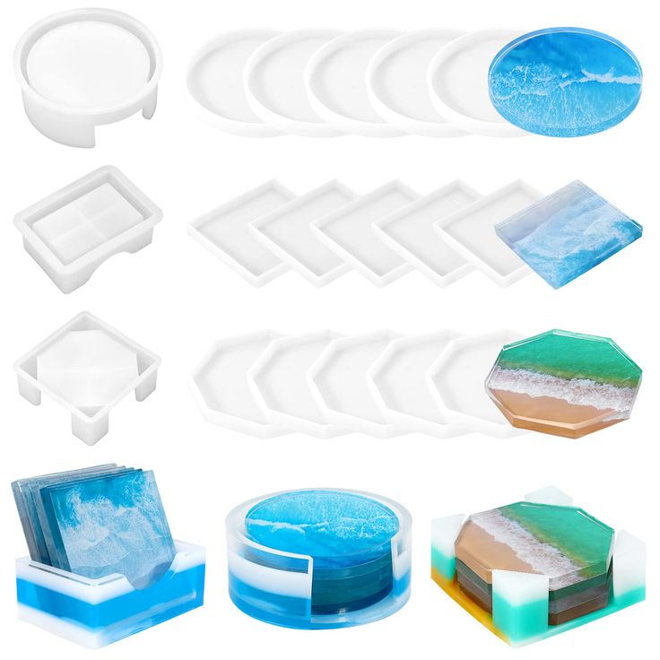 various shapes and sizes of ice trays on a white background, including one with different colors