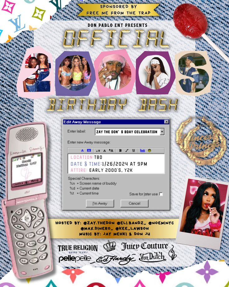 an advertisement for the birthday bash with pictures and text on it, including a cell phone