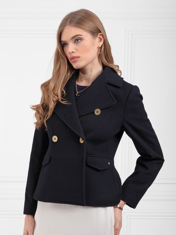 Beautifully tailored, the Victoria Jacket draws inspiration from the coat of the same name, taking your outerwear wardrobe to new heights. Double breasted, for classic elegance, with princess seaming and a fitted waist for a superbly flattering silhouette. Individually handmade in Portugal from exceptional quality Italian wool and fully lined with piping, it’s finished with antique brass buttons, chevron detail on the back, sleeves and pocket flaps, and a neckline that you can wear open or butto Double Breasted Jacket Women, Work Travel Bag, Jacket Drawing, Fairfax And Favor, Jacket Cape, Laptop Travel Bag, Brass Buttons, Deck Shoes, Navy Jacket